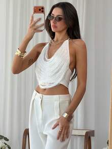 Aloruh Women's Sexy Fringe Halter Backless Crop Top, Summer - White - View 3