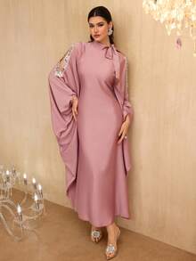 Al Najma 女士春夏粉色编织长袖串珠缎带优雅土耳其长袍和阿拉伯传统长裙 - 粉色 - 查看 5