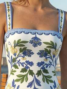 CAJUNI Women's Floral Print Fitted Elegant Spaghetti Strap Vacation Dress - Blue - View 5