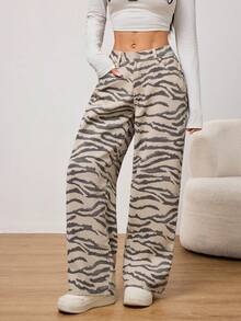 SHEIN PETITE Quần ống rộng họa tiết da báo dành cho nữ, thích hợp mặc đi làm, từ xuân hè. - Đen và trắng - Xem 7