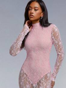 Athîral Gaun Wanita Seksi dengan Belahan Punggung Terbuka dan Detail Renda Kontras, Musim Gugur - Baby Pink - View 5