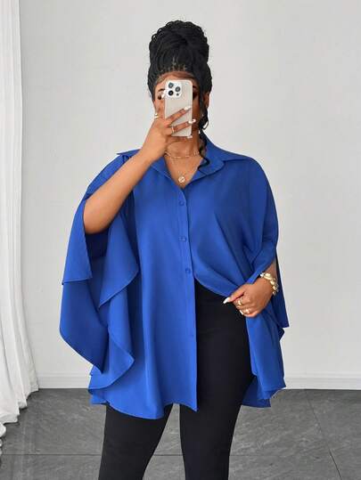 Maweii Women's Blue Casual Batwing Sleeve Blouse, Elegant Loose Fit Vacation & Daily Wear, Minimalist Design, Unique Niche Fashion, Essential Plus Size Shirt For Spring, Summer, Autumn