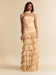 SHEIN BAE 纯黄色碎花无肩带荷叶边连衣裙，优雅修身网纱沙滩度假连衣裙，性感时尚连衣裙，外出印花连衣裙 - 黃色 - 查看 3