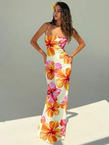 Aloruh Women's Elegant Hibiscus Floral Print Backless Dress, Summer Beach Vacation Outfit, Boho Tropical Vacation Wedding Anniversary Bridesmaid Party Date Sexy Wedding Guest Bridal Shower White Modest Fairy Spring - White - View 5