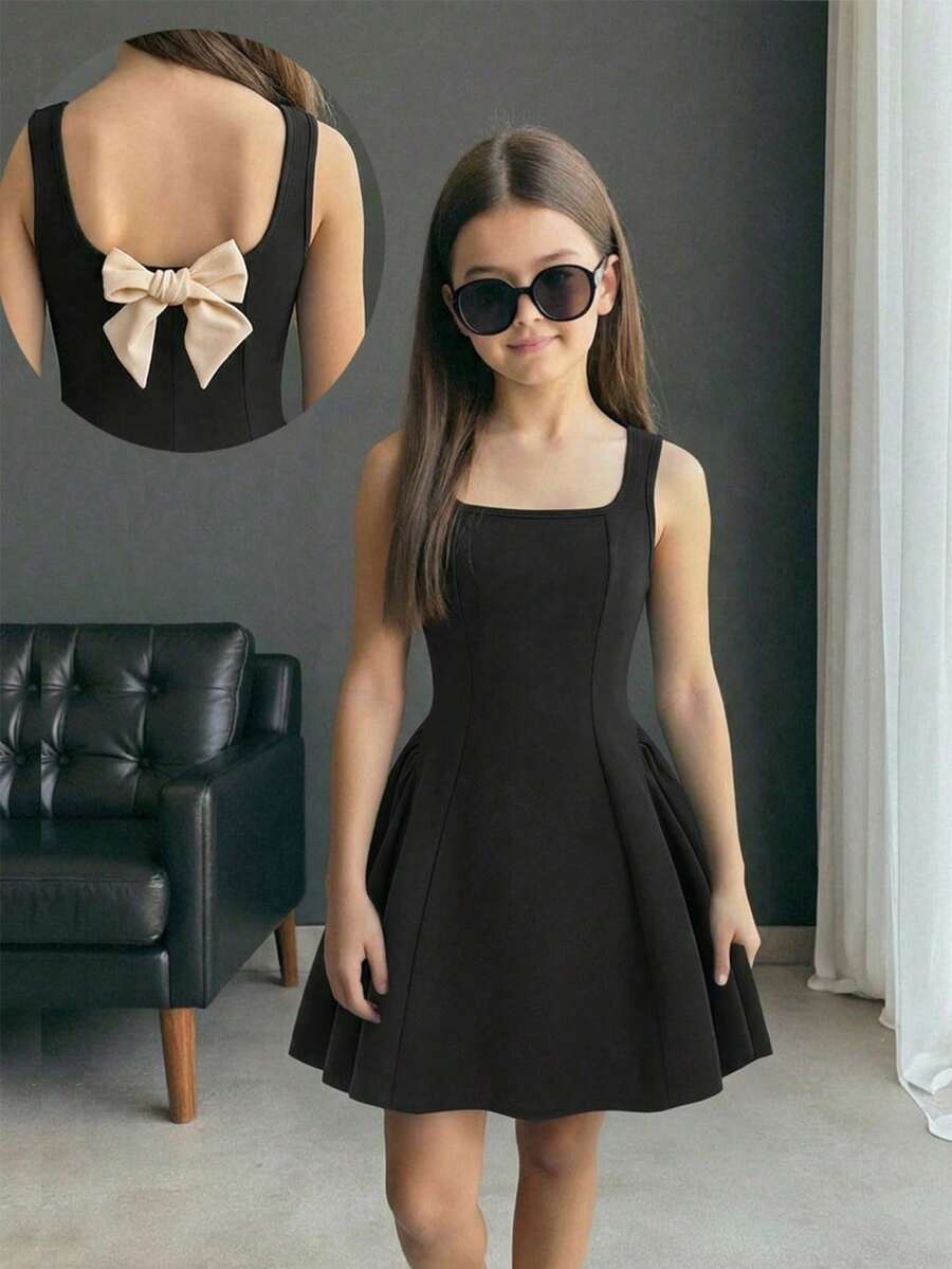 Firerie Kids 少女优雅可爱方领黑色A字拼接连衣裙，后背饰有大蝴蝶结 - 黑色 - 查看 1