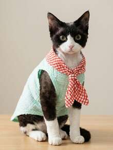 PETSIN 轻盈透气格子领结背心，带有可爱的 LAZYCAT 和 Kitty 印花，适合宠物狗，春夏季 - 彩色 - 查看 4