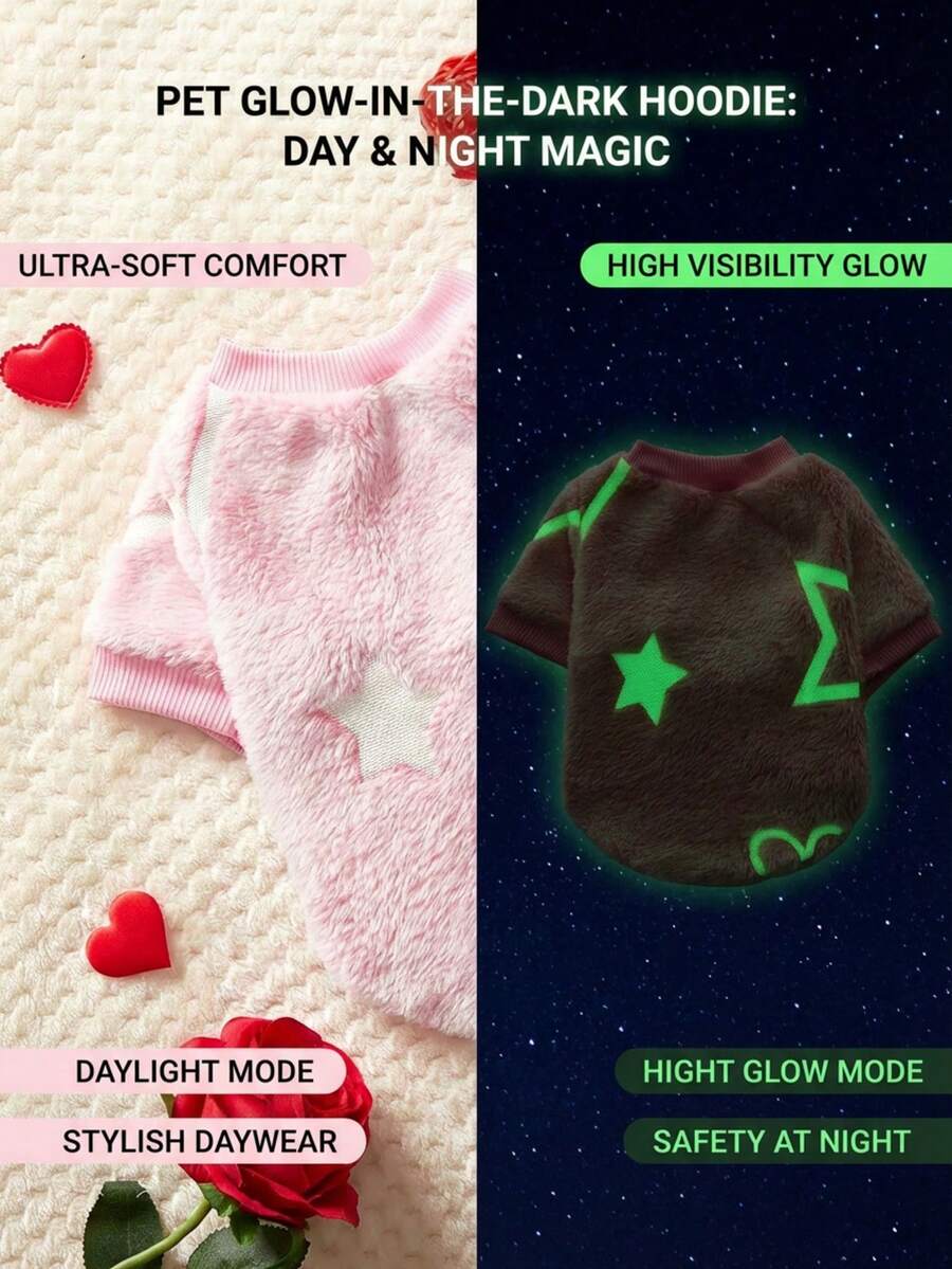 PETSIN Valentine's Day (With Glow) 1 Pc Pink Glow-In-The-Dark Heart & Star Pattern Flannel Printed Pet Sweatshirt - Multicolor - View 1