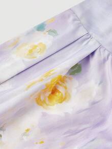 SHEIN MOD 紫色油画花卉印花缎面立领蝴蝶结上衣，完美适用于度假、约会、野餐、派对、舞会、节日和生日；浪漫复古宫廷风格，情人节、狂欢节服装，夏季、春季女装，狂欢节服装 - 紫色 - 查看 10