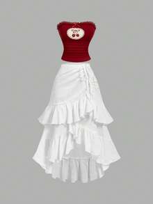 SHEIN MOD 纹理面料层叠荷叶边抽绳不对称高低裙——完美适用于度假、约会、野餐、派对、舞会、节日和生日；浪漫复古宫廷风格