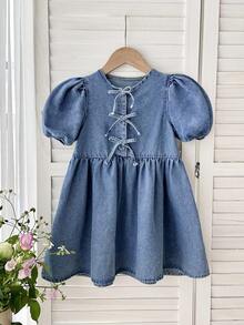 LMoss Kids 女童蓝色牛仔泡泡袖蝴蝶结连衣裙 - 淺色水洗藍 - 查看 9