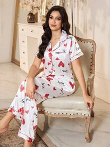 LuxeNights 爱心图案仿丝绸印花短袖睡衣套装 - 紅色 - 查看 4