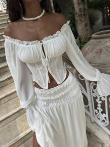 Opulessa Elegant Casual Beach Wedding Vacation White Women's Solid Color Off-Shoulder Long Sleeve Blouse, Spring/Summer Boho - White - View 3