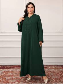 Al Najma Plus Size Women's Solid Color Hooded Applique Casual Loose Daily Wear Arabic Style Long Sleeve Dress - Dark Green - View 6