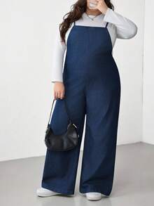 SHEIN CURVE+ 大码休闲宽松露背系带牛仔连体裤，春夏情人节嘉年华服装，通勤度假毕业时尚Y2K可爱街头风派对婚礼优雅商务休闲女式舒适大码牛仔背带裤，宽松版型阔腿设计，亲肤面料，带口袋 - 藍色 - 查看 6