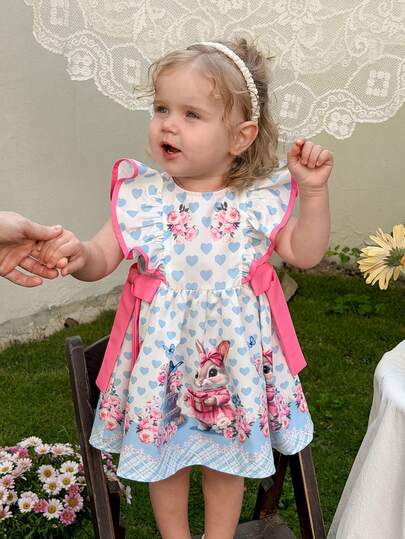 LMoss Kids Vestido casual para niña con estampado de animales lindos, bloque de color y volantes en el bajo