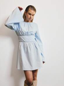 Aralina Lightweight Woven Fabric Round Neck Long Sleeve Elastic Waist Flowy Mini Silhouette Spring Dresses For Women Vacation Dress - Baby Blue - View 3