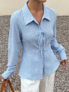 DAZY Women's Casual Striped Tie-Up Shirt, Spring/Summer - Blue - View 5