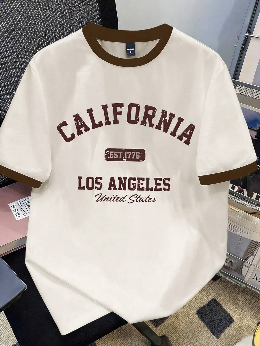 Manfinity Joysei Men's Casual Fashion Street Daily Commute Letter Print Short Sleeve Ringer Tee, Summer - Beige - View 1