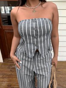 SHEIN EZwear 大码女式条纹单排扣吊带背心和裤子时尚两件套 - 深灰色 - 查看 6