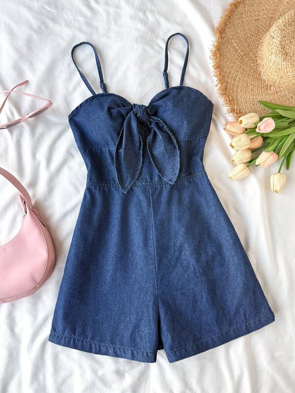 Soleia Women's Vacation Tie Front Fashionable Denim Romper Summer Holiday Outfits Summer Jumpsuits Spring Break Outfits Vacation Outfits For Women Holiday Outfits For Women Casual Outfit For Women Women's Denim Strapless Bowknot Jumpsuit Casual Sleeveless Romper For Summer