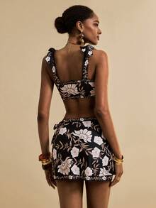 SHEIN Veneréa 3pcs Women's Summer Vacation Black Floral Print Tie-Up Bikini Set & Beach Skirt Swimsuit - Black - View 2
