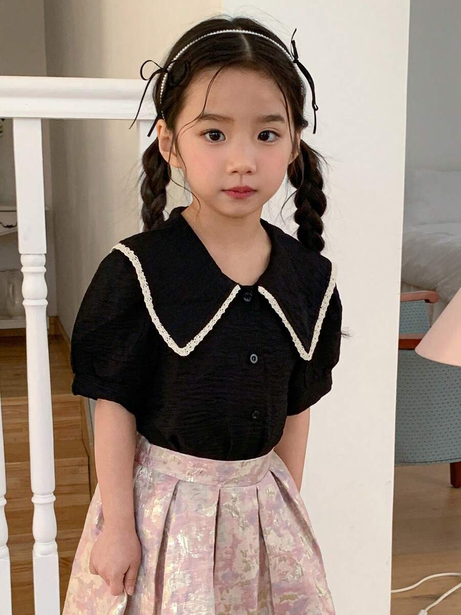 DAZY Young Girl' Cute Peter Pan Collar Short Sleeve Blouse, Summer Spring - Black - View 1
