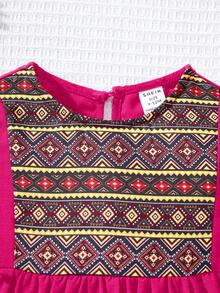 SHEIN Babygirl Cute Fuchsia Geometric Pattern Long Sleeve Dress, Spring/Summer - Hot Pink - View 6