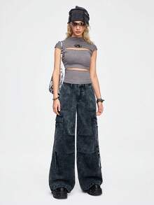 ROMWE Grunge Punk Grunge 街头风做旧宽松阔腿牛仔裤，裤脚可调节，宽松版型 - 藍色 - 查看 3