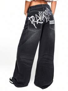 ROMWE Grunge Punk Jeans anchos de cintura baja con ajuste holgado, estilo Y2K chic, con bordado de letras y cruces desgastados - Gris Oscuro - Ver 3