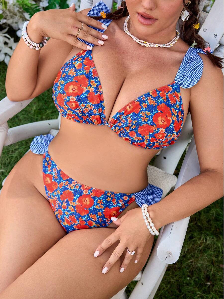 Swim Mod Plus Size New Summer Vacation Beach Holiday Sweet Ruffle Floral Print Contrast Color Blue Boho Butterfly Design 2 Pieces Set Swimwear Bikini For Women - Multicolor - View 1