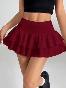 SHEIN PETITE Women's Double Layer Ruffle Hem A-Line Short Skirt Red Ruffle Skirt - Burgundy - View 9