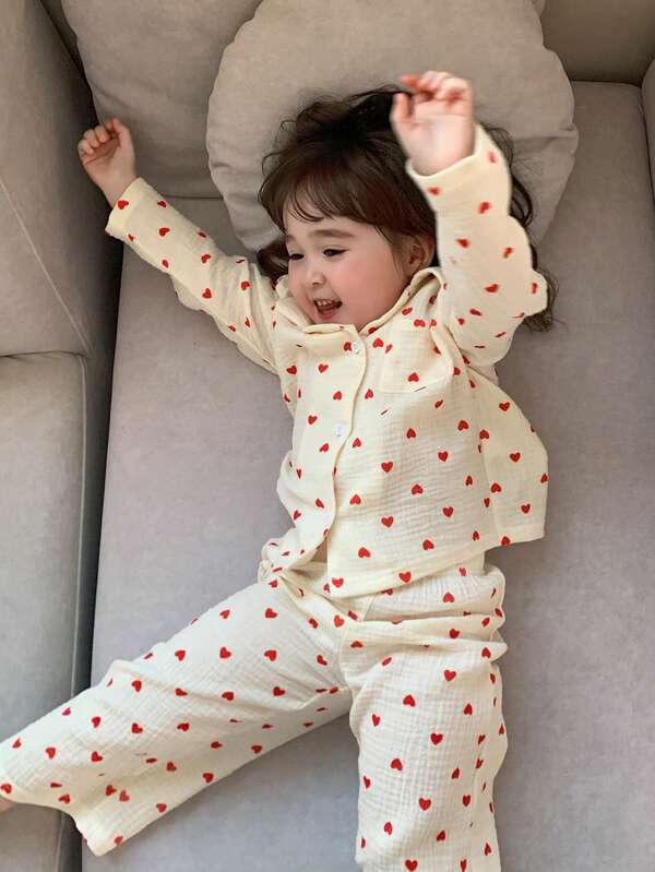 DAZY Set pijama pentru bebeluși cu imprimeu de inimă și nasturi în față, cu mânecă lungă și pantaloni