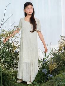 DAZY Tween Girls Crew Neck Textured Short Sleeve Midi Dress - Beige - View 5