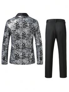 Manfinity AFTRDRK All-Over Print Sequin Patchwork Single-Breasted Long Sleeve Suit Set - Black - View 2