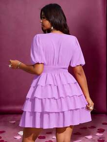 Viva Relle 大码女士优雅纯色V领泡泡袖荷叶边下摆休闲连衣裙，适合度假、海滩、约会、派对、音乐节、春夏穿着，百搭设计 - 紫色 - 查看 2