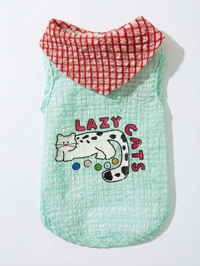 PETSIN 轻盈透气格子领结背心，带有可爱的 LAZYCAT 和 Kitty 印花，适合宠物狗，春夏季