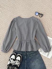 SHEIN Teen Girls Plaid Puff Sleeve Bow Tie Blouse, Fashionable & Versatile For Outings, Sister Photos, Park, Camping, Daily Wear, Party, Vacation - Black - View 2
