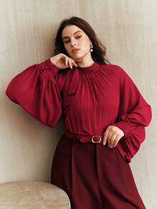 Anewsta 女士酒红色褶裥单肩蝴蝶结袖口喇叭袖休闲加大码衬衫，优雅百搭 - 酒紅色 - 查看 1