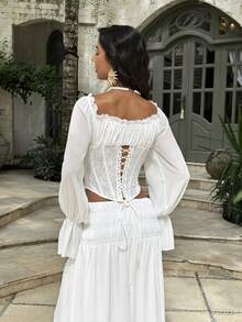 Opulessa Elegant Casual Beach Wedding Vacation White Women's Solid Color Off-Shoulder Long Sleeve Blouse, Spring/Summer Boho - White - View 2