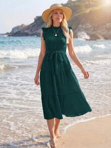 Sylviya Frill Trim Ruffle Hem Belted Dress,Vacation - Dark Green - View 3