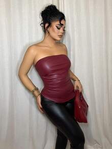 Dayanna Comas 无袖纯色 PU 皮革短款上衣，简约时尚休闲日常穿着 - 酒紅色 - 查看 5