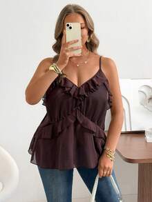Ceyna Women's Semi-Sheer Woven Fabric Flared Ruffle Hem Cami Tank Top In Regular Length - Coffee Brown - View 6