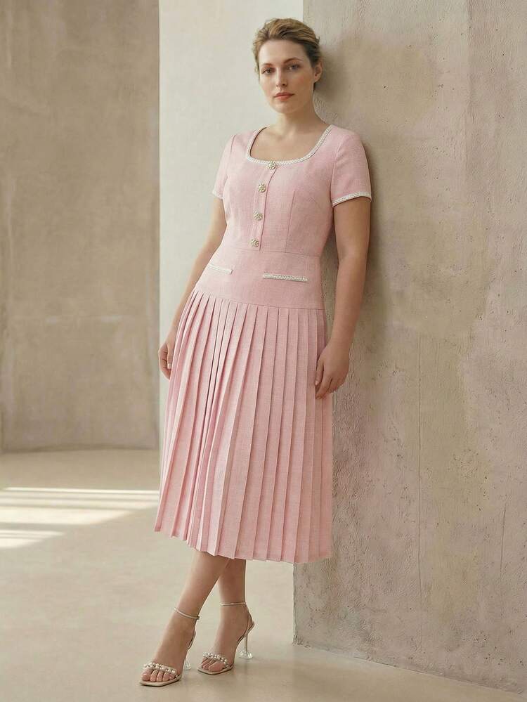 VESTIDO PLISADO CON RIBETE DE CONTRASTE PARA MUJER TALLA GRANDE