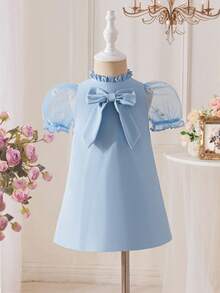 SHEIN 女婴休闲舒适蝴蝶领泡泡袖连衣裙 - 藍色 - 查看 4
