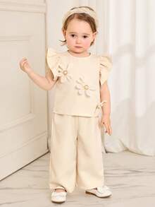 SHEIN 2pcs Baby Girl Summer Vacation Cute 3D Floral Ruffle Trim Top And Pants Set - Apricot - View 3
