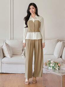 DAZY Conjunto de camisa y pantalón de pierna ancha de 2 en 1 con contraste de color y parches elegante para mujer, para primavera/verano, conjunto de ropa de descanso para mujer - Caqui - Ver 5