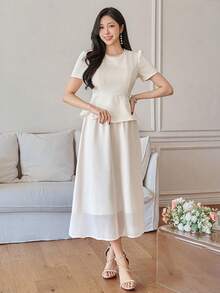 DAZY 女士优雅纯色串珠泡泡袖上衣和半裙两件套，春夏婚礼宾客礼服 - 米色 - 查看 4
