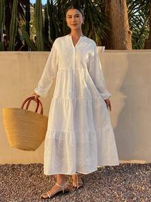 DAZY Women's Elegant White Round Neck Embroidered Shirt Dress, Spring/Summer - White - View 5