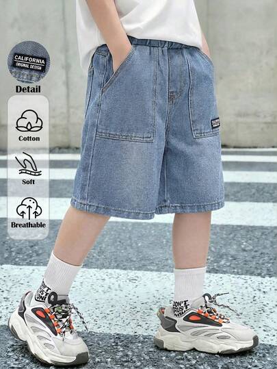 SHEIN Young Boys New Casual Soft Simple Basic Blue Pocket Patch Denim Long Jeans Shorts Bermuda Spring Summer,For Kids Spring/Summer Dailywear Outfits,Boys Streetwear Outfits,Boys Beach Outfit,Birthday Outfits For Boys,Casual Jeans For Boys,Vacation Outfits For  Boys,Graphic Jeans,Toddler Jeans,4-Year-Old Boys Jeans,Summer Jeans Shorts