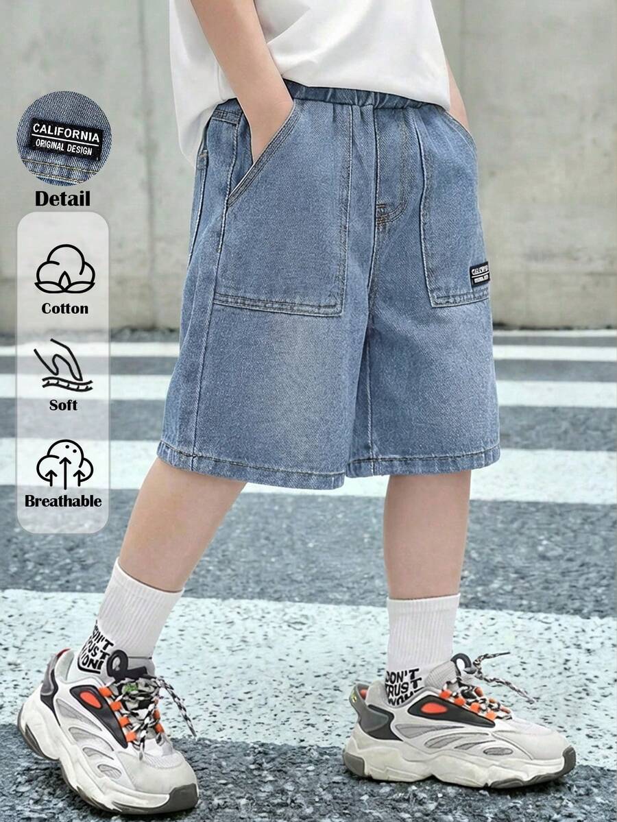 SHEIN Young Boys New Casual Soft Simple Basic Blue Pocket Patch Denim Long Jeans Shorts Bermuda Spring Summer,For Kids Spring/Summer Dailywear Outfits,Boys Streetwear Outfits,Boys Beach Outfit,Birthday Outfits For Boys,Casual Jeans For Boys,Vacation Outfits For  Boys,Graphic Jeans,Toddler Jeans,4-Year-Old Boys Jeans,Summer Jeans Shorts